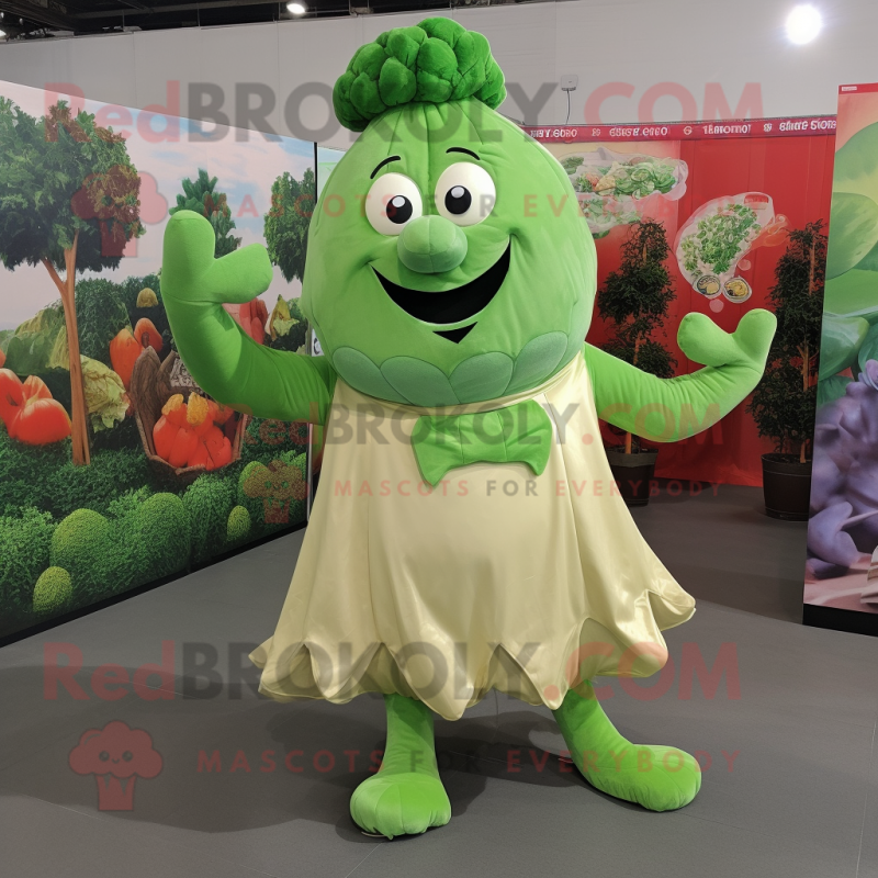 Tan Broccoli mascot costume character dressed with a A-Line Dress and Foot pads