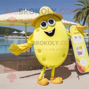 Lemon Yellow Paella mascot costume character dressed with a Swimwear and Coin purses