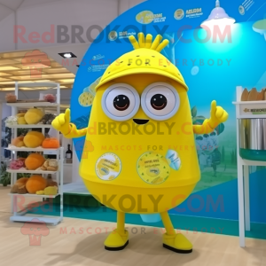 Lemon Yellow Paella mascot costume character dressed with a Swimwear and Coin purses