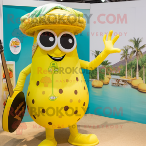 Lemon Yellow Paella mascot costume character dressed with a Swimwear and Coin purses