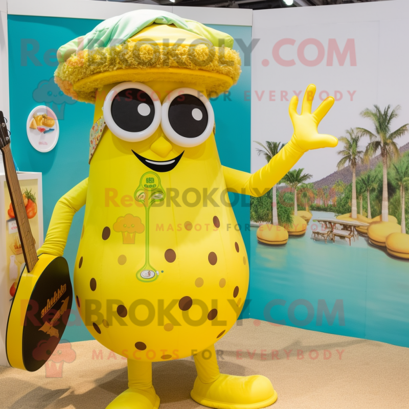 Lemon Yellow Paella mascot costume character dressed with a Swimwear and Coin purses Lemon Yellow Paella mascot costume character dressed with a Swimwear and Coin purses