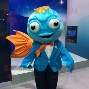 Cyan Goldfish mascot costume character dressed with a Poplin Shirt and Pocket squares