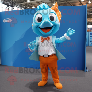 Cyan Goldfish mascot costume character dressed with a Poplin Shirt and Pocket squares