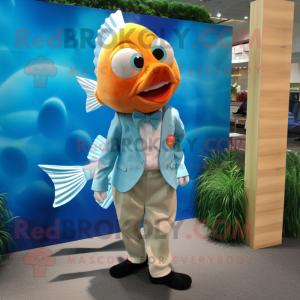 Cyan Goldfish mascot costume character dressed with a Poplin Shirt and Pocket squares