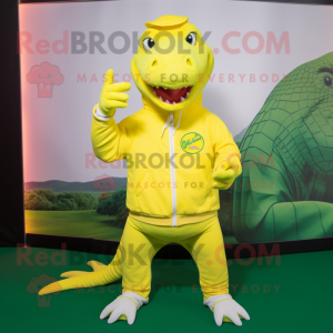 Lemon Yellow Crocodile mascot costume character dressed with a Sweatshirt and Caps