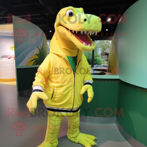 Lemon Yellow Crocodile mascot costume character dressed with a Sweatshirt and Caps