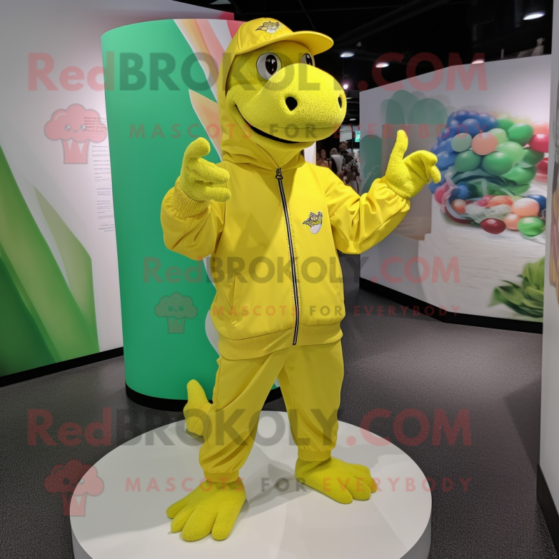 Lemon Yellow Crocodile mascot costume character dressed with a Sweatshirt and Caps