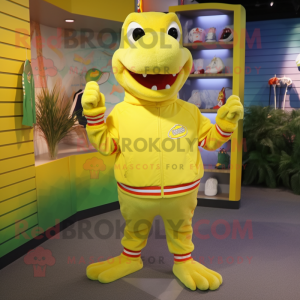 Lemon Yellow Crocodile mascot costume character dressed with a Sweatshirt and Caps