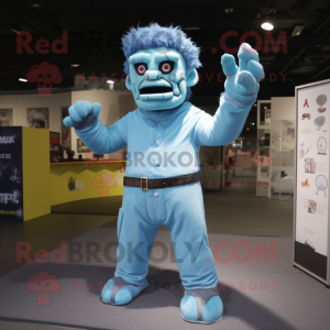 Sky Blue Frankenstein mascot costume character dressed with a Jumpsuit and Headbands