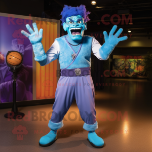 Sky Blue Frankenstein mascot costume character dressed with a Jumpsuit and Headbands