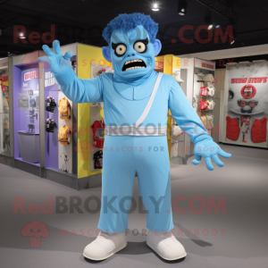 Sky Blue Frankenstein mascot costume character dressed with a Jumpsuit and Headbands