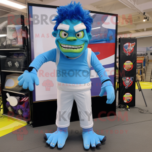 Sky Blue Frankenstein mascot costume character dressed with a Jumpsuit and Headbands