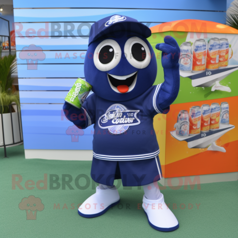 Navy Soda Can mascot costume character dressed with a Board Shorts and Coin purses