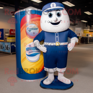 Navy Soda Can mascot costume character dressed with a Board Shorts and Coin purses