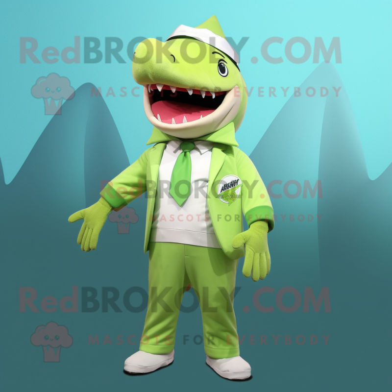 Lime Green Shark mascot costume character dressed with a T-Shirt and Pocket squares