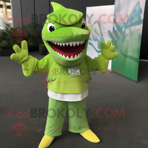 Lime Green Shark mascot costume character dressed with a T-Shirt and Pocket squares