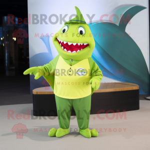Lime Green Shark mascot costume character dressed with a T-Shirt and Pocket squares