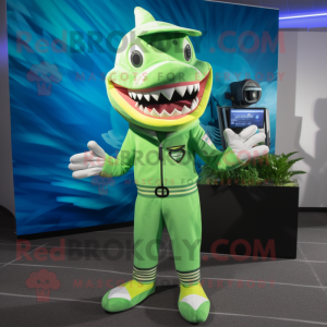 Lime Green Shark mascot costume character dressed with a T-Shirt and Pocket squares