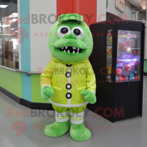 Lime Green Gumball Machine mascot costume character dressed with a Parka and Pocket squares