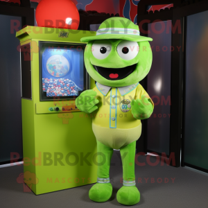 Lime Green Gumball Machine mascot costume character dressed with a Parka and Pocket squares