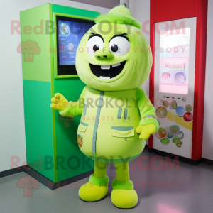 Lime Green Gumball Machine mascot costume character dressed with a Parka and Pocket squares