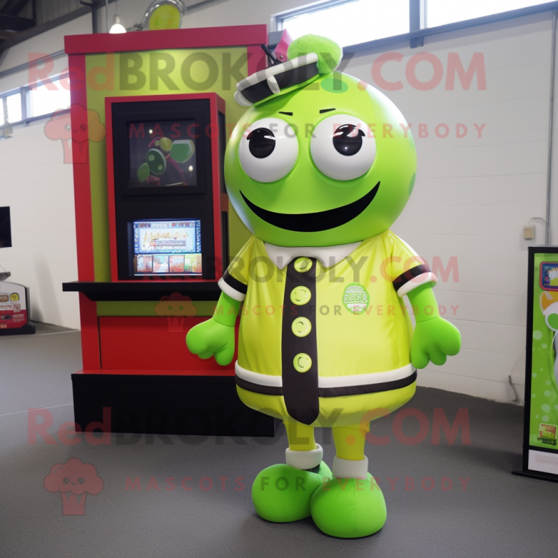 Lime Green Gumball Machine mascot costume character dressed with a Parka and Pocket squares