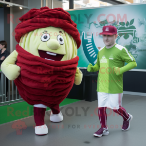 Maroon Corned Beef And Cabbage mascot costume character dressed with a Joggers and Caps