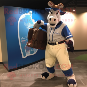 Blue Okapi mascot costume character dressed with a Baseball Tee and Briefcases