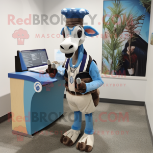 Blue Okapi mascot costume character dressed with a Baseball Tee and Briefcases