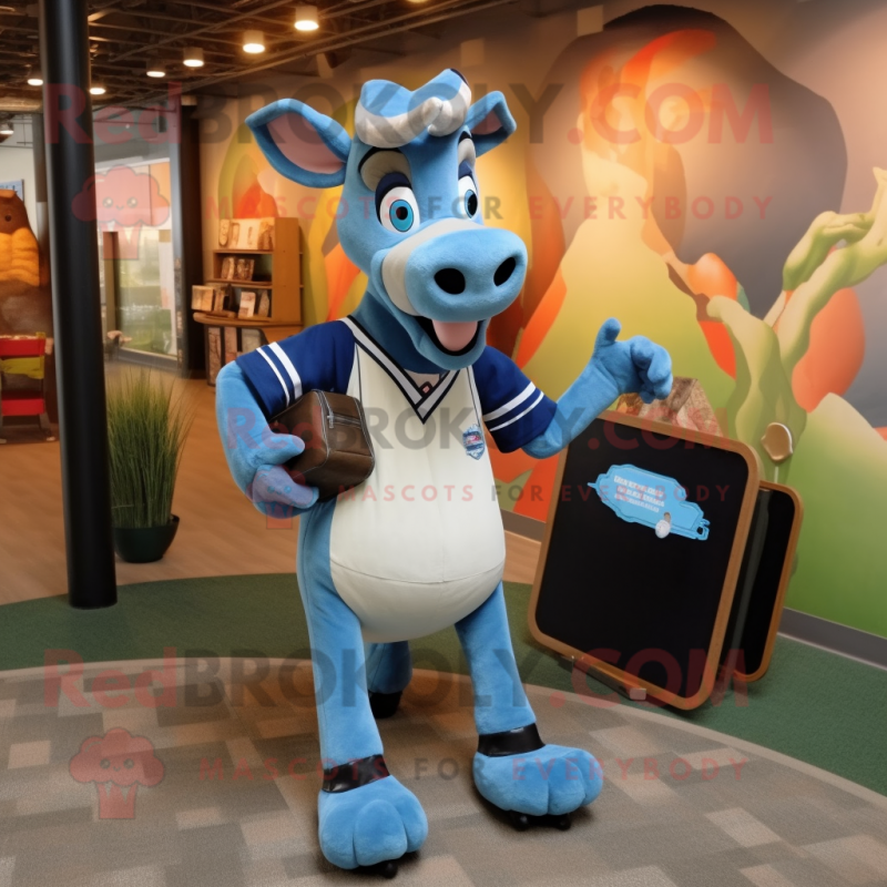 Blue Okapi mascot costume character dressed with a Baseball Tee and Briefcases