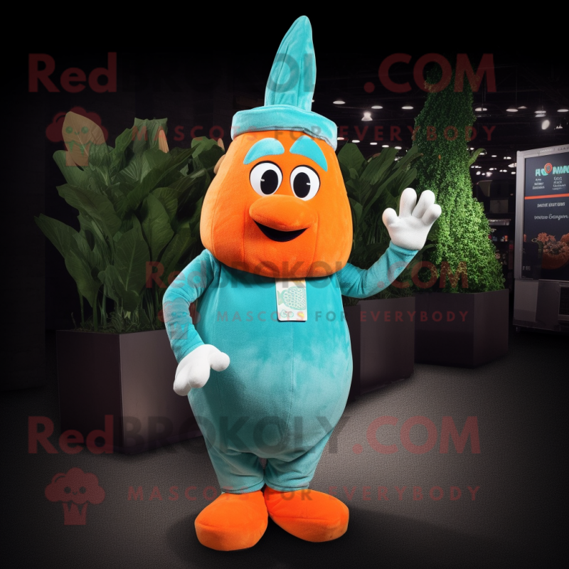 Cyan Carrot mascot costume character dressed with a Cargo Shorts and Mittens Cyan Carrot mascot costume character dressed with a Cargo Shorts and Mittens
