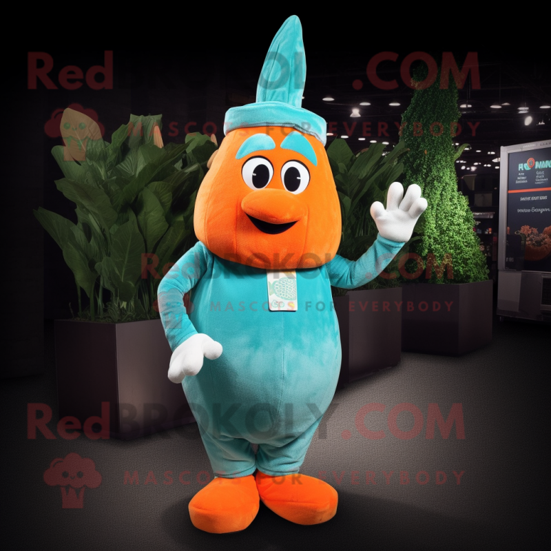 Cyan Carrot mascot costume character dressed with a Cargo Shorts and Mittens