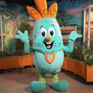 Cyan Carrot mascot costume character dressed with a Cargo Shorts and Mittens