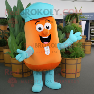 Cyan Carrot mascot costume character dressed with a Cargo Shorts and Mittens