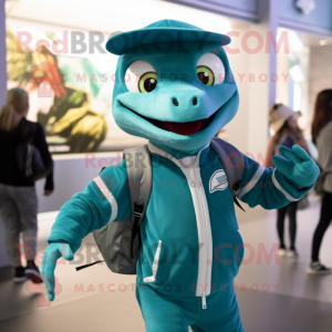 Teal Velociraptor mascot costume character dressed with a Sweatshirt and Backpacks