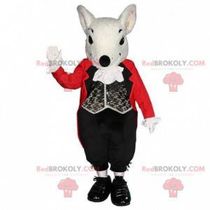 Mascota rata blanca con un elegante traje negro y rojo. -