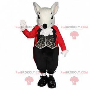 Witte rat mascotte met een elegant zwart en rood kostuum -