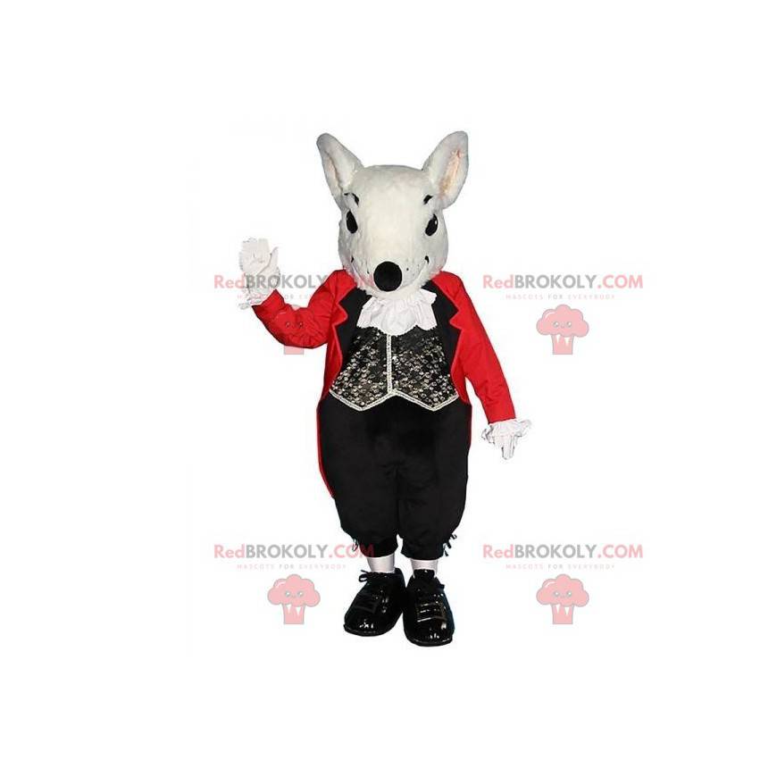 Witte rat mascotte met een elegant zwart en rood kostuum -