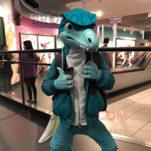 Teal Velociraptor mascot costume character dressed with a Sweatshirt and Backpacks