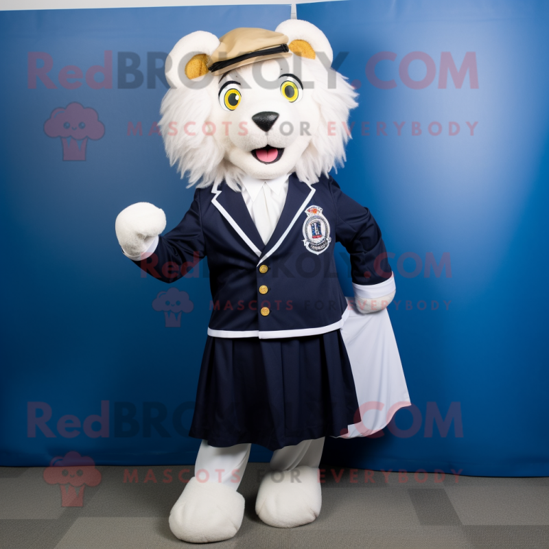 Navy Lion mascot costume character dressed with a A-Line Skirt and Cummerbunds