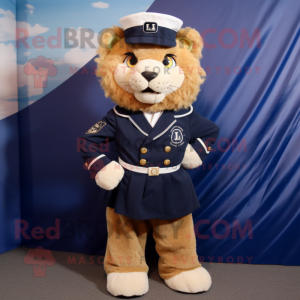 Navy Lion mascot costume character dressed with a A-Line Skirt and Cummerbunds