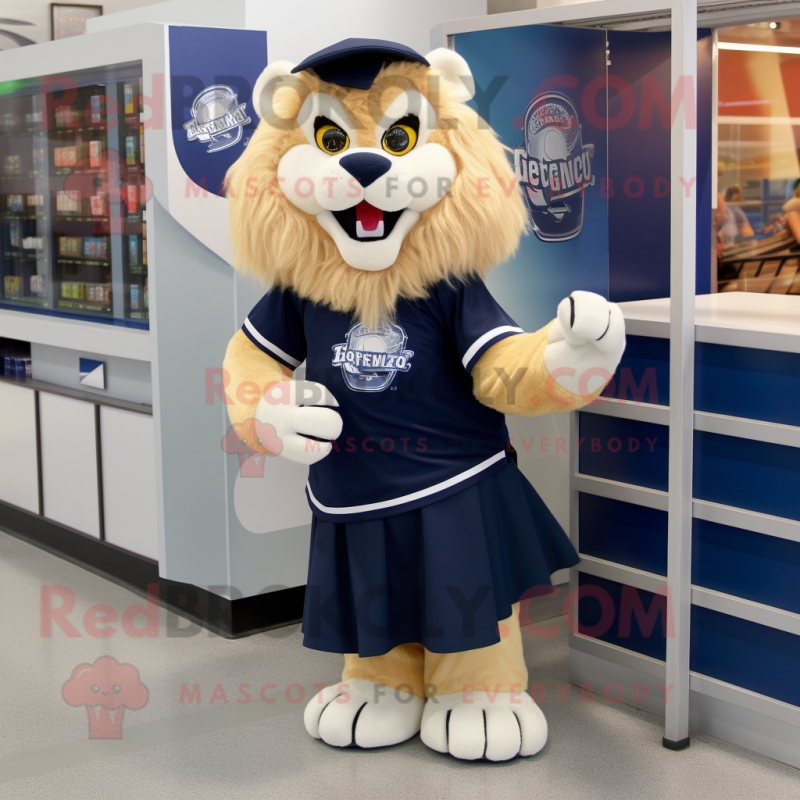Navy Lion mascot costume character dressed with a A-Line Skirt and Cummerbunds