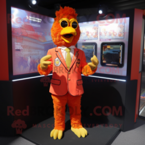 Orange Tandoori Chicken mascot costume character dressed with a Suit Jacket and Keychains