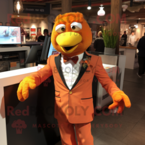 Orange Tandoori Chicken mascot costume character dressed with a Suit Jacket and Keychains