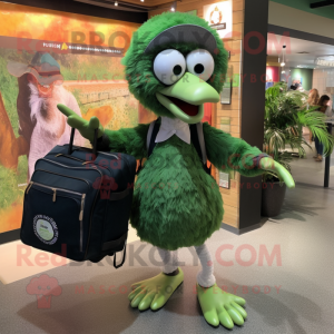 Forest Green Ostrich mascot costume character dressed with a Dress Shirt and Backpacks