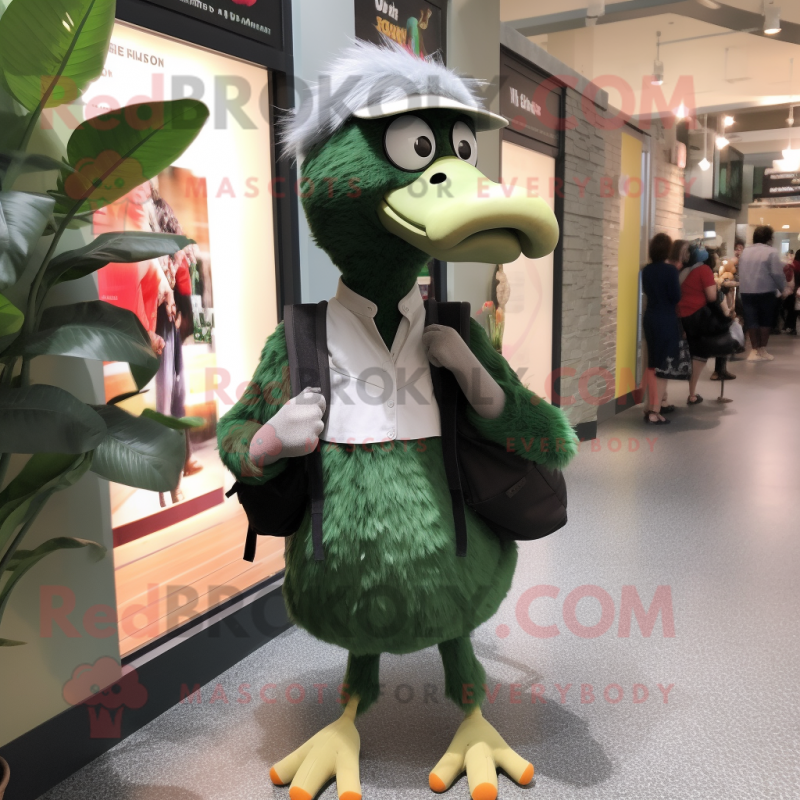 Forest Green Ostrich mascot costume character dressed with a Dress Shirt and Backpacks