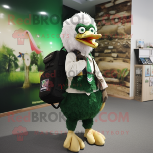 Forest Green Ostrich mascot costume character dressed with a Dress Shirt and Backpacks