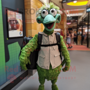 Forest Green Ostrich mascot costume character dressed with a Dress Shirt and Backpacks