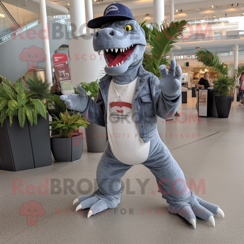 Gray Allosaurus mascot costume character dressed with a Flare Jeans and Lapel pins Gray Allosaurus mascot costume character dressed with a Flare Jeans and Lapel pins