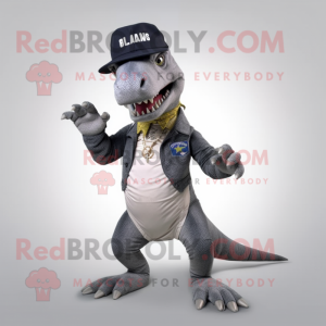 Gray Allosaurus mascot costume character dressed with a Flare Jeans and Lapel pins